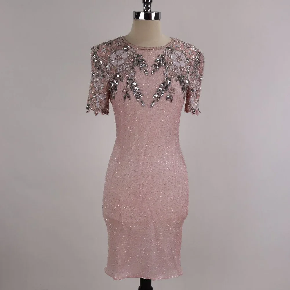 🌺 Vtg Stenay NWOT Pink Sequin Beaded Rhinestone Party Cocktail Wedding Dress S - Picture 2 of 13